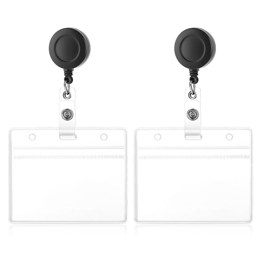 TIESOME 2Pack Soft Plastic Badge Holders with Heavy Duty Badge Reels,Clear Horizontal ID Name Card Holders Retractable Badge Reel Clip Credit Card Protector for Nurse Doctor Teacher Office(Horizontal)