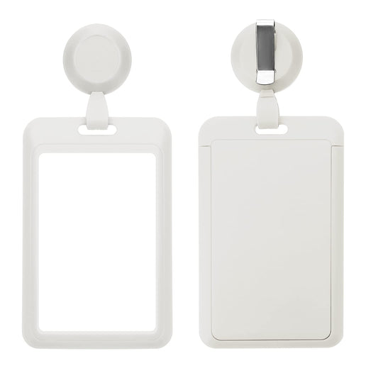 Bewudy 2 Set Heavy Duty Badge Holders with Retractable Badge Reel Clips, ID Name Tag Work Badge Clip Vertical Card Protector Cover Case for Office Nurse Medical Student Teacher Women Men (White)