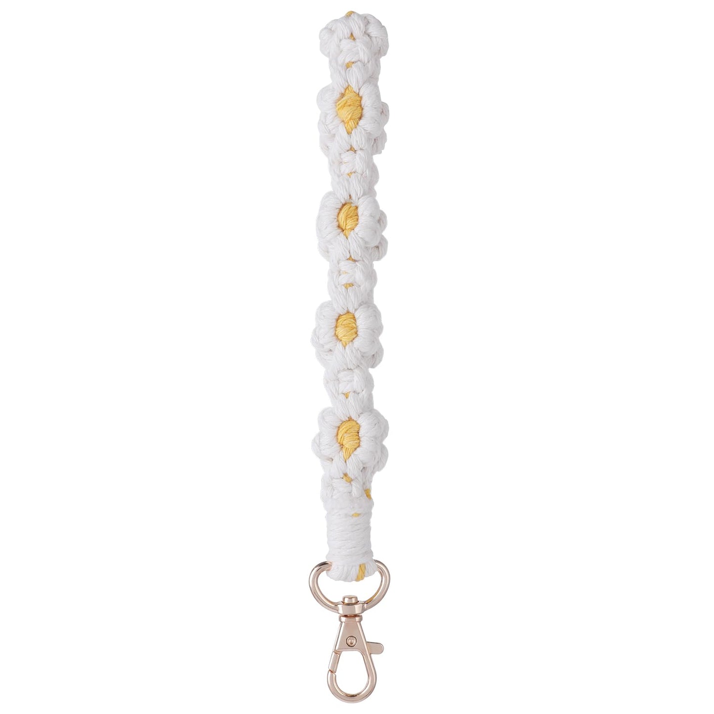 cobee Daisy Macrame Keychain, Handmade Wristlet Keychain Boho Macrame Keyring Holder Macrame Keychain Bracelet Colorful Wristlet Bracelet Keychain Wrist Lanyard with Lobster Clasp (White)