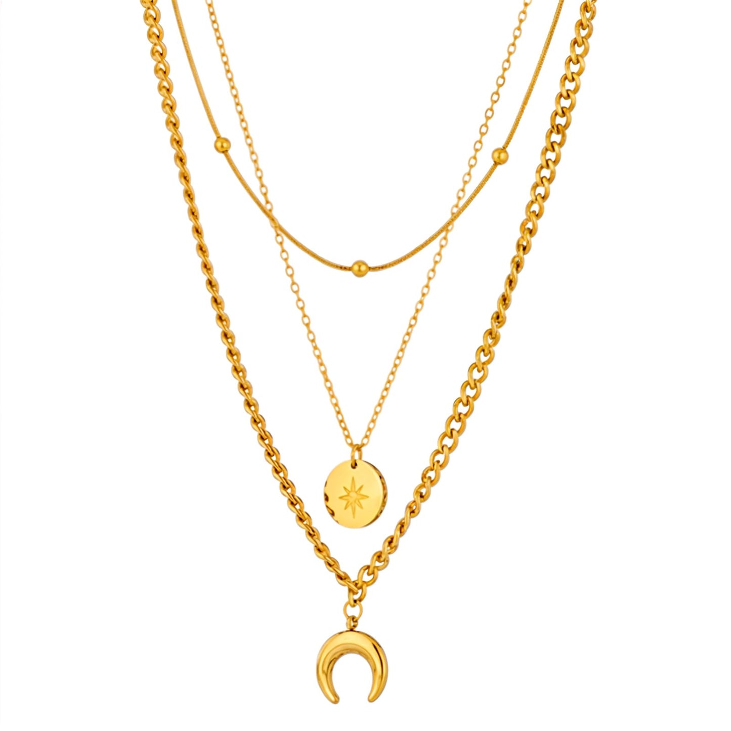 MBAIYO Bohemia Multilayer Women's Necklace, Boho Necklace with Sun and Moon Gold Collar Chains Vintage Layering Chain Gold Chain Jewellery for Women and Girls