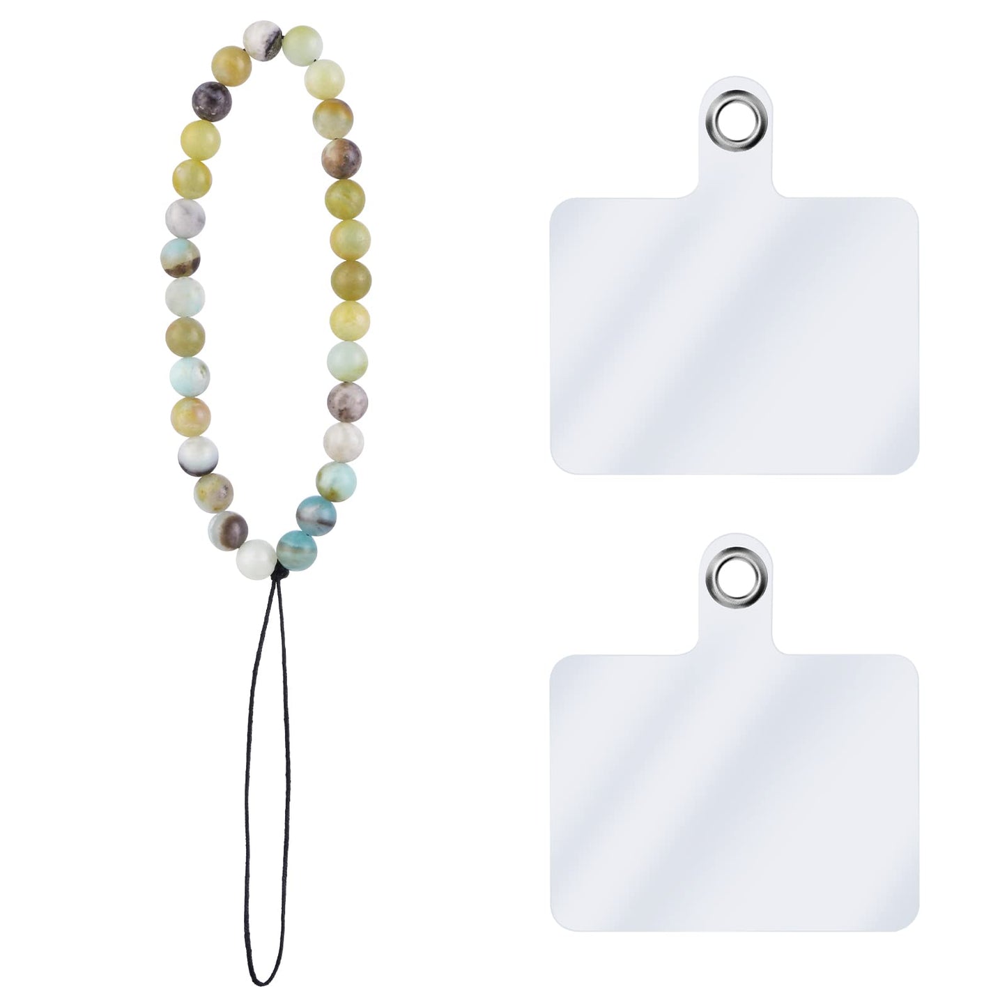 TIESOME Beaded Phone Lanyard with Transparent Tether Pads, Handmade Natural Stone Phone Lanyard Wrist Strap + 2 Pcs Phone Lanyard Tether Patch Kawaii Beaded Mobile Phone Charm for Girls Women