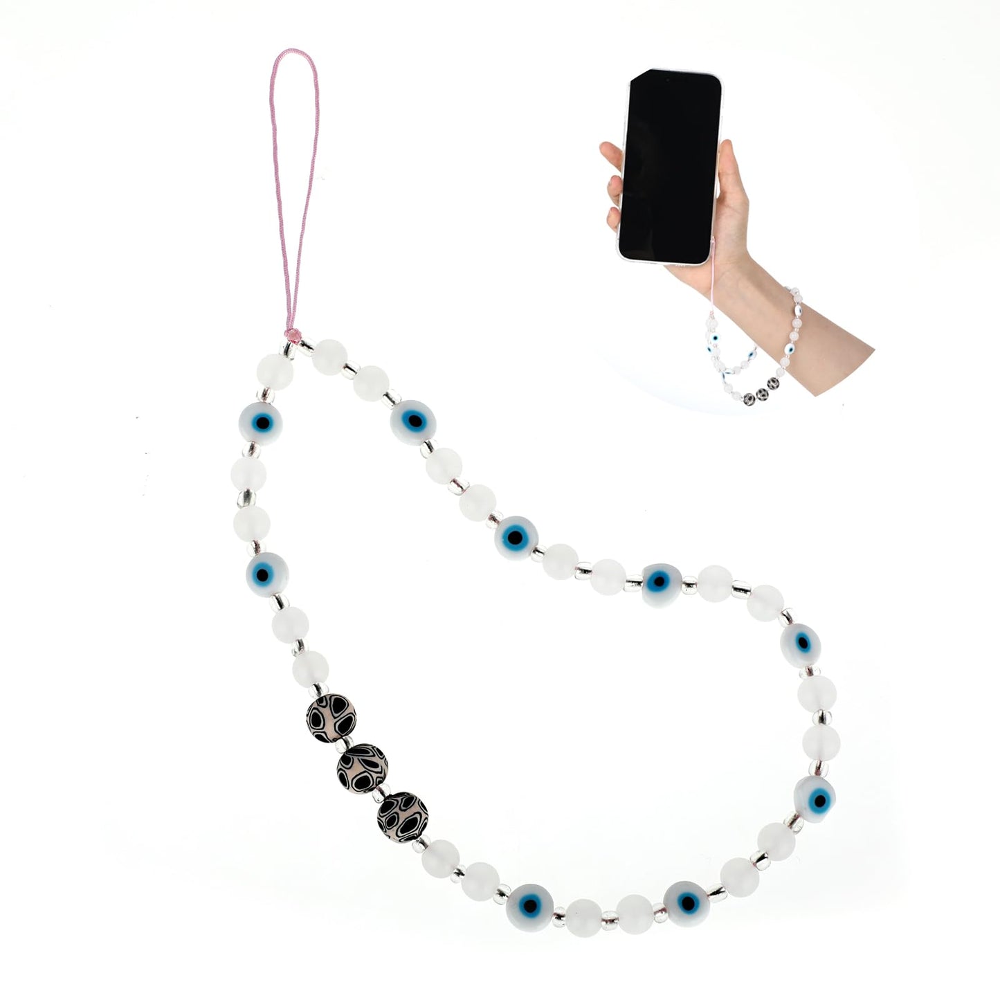 Giantree Evil Eye Phone Lanyard, Beaded Phone Charm Wrist Strap Gemstone Bracelet Mobile Phone Chain Strap Keychain for Men Women(White)