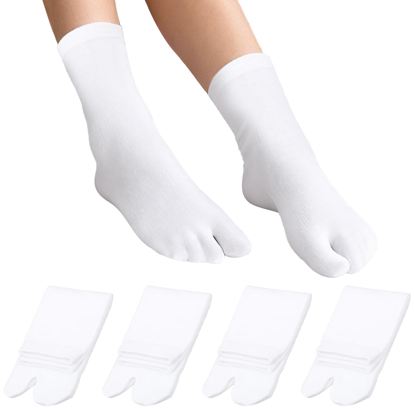 TIESOME 4 Pairs Tabi Split Toe Flip Flop Socks for Men Women Low-Cut Stretch Comfort Crew Socks, White
