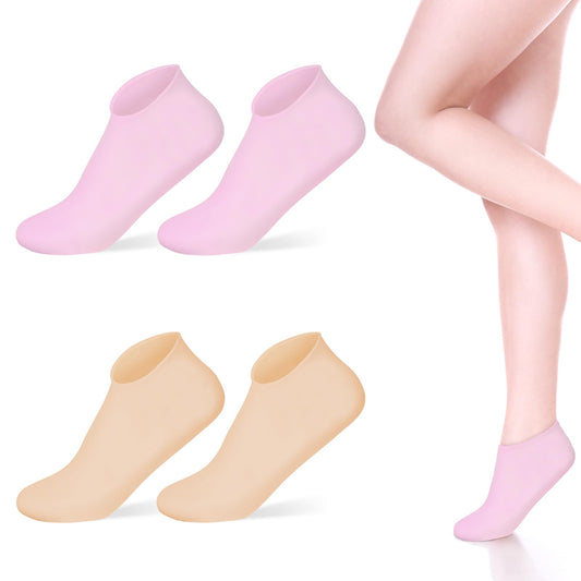 Molain 2 Pairs Silicone Socks for Women, Silicone Moisturizing Socks Pedicure Silicone Socks Softening Calluses Dry Cracked Feet Rough Skins Foot Spa Gel Silicone Socks (Pink+Skin)