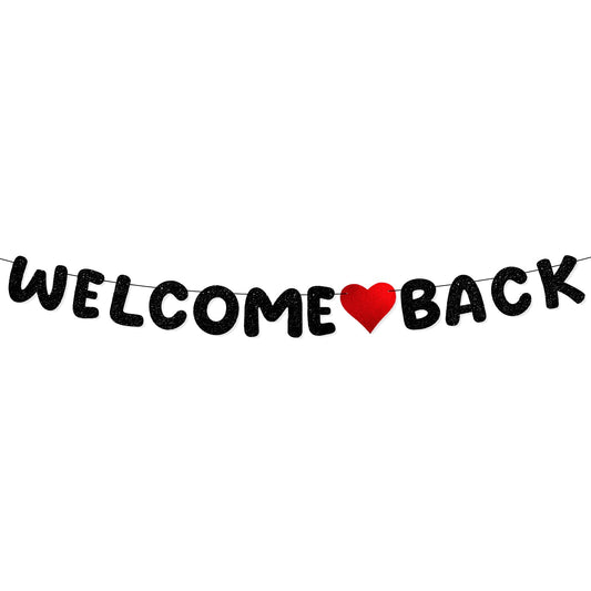 HJZHII Glitter Welcome Back Banner, Back to School Party Hanging Banner Homecoming Returning Home Retirement Party Decor First Day of School Party Classroom Decorations Photo Prop(Schwarz)