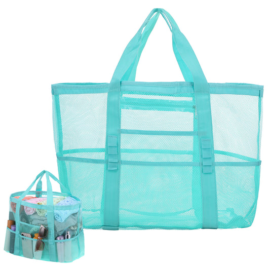 HJZHII Large Mesh Beach Bag, Travel Tote Bag with 9 Pockets Foldable Pool Bag for Women Vacation Beach Accessories(MInt Green)