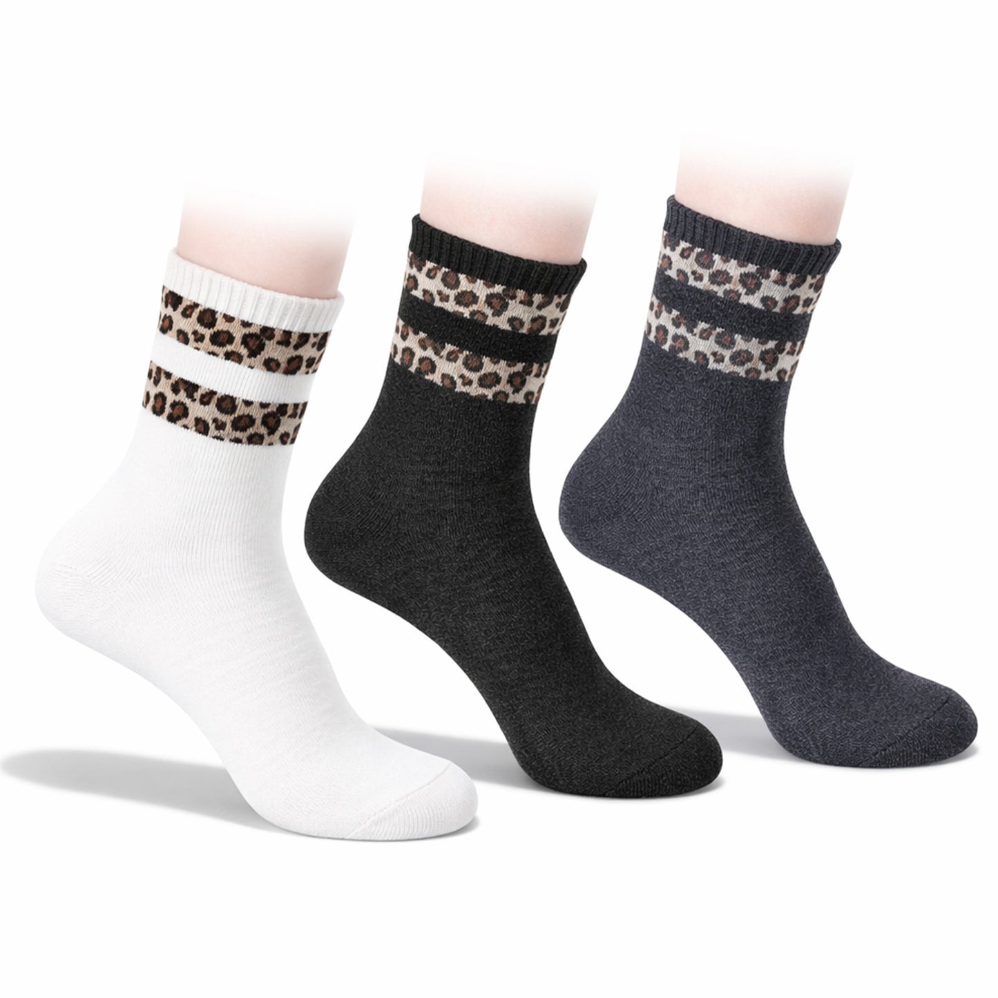 TIESOME 4 Pairs Leopard Print Socks Women, Calf Length Ladies Boot Sock, Soft Breathable Polyester Crew Socks for Business, Work, Hiking & Sports(Black + Gray + White,Stripe)