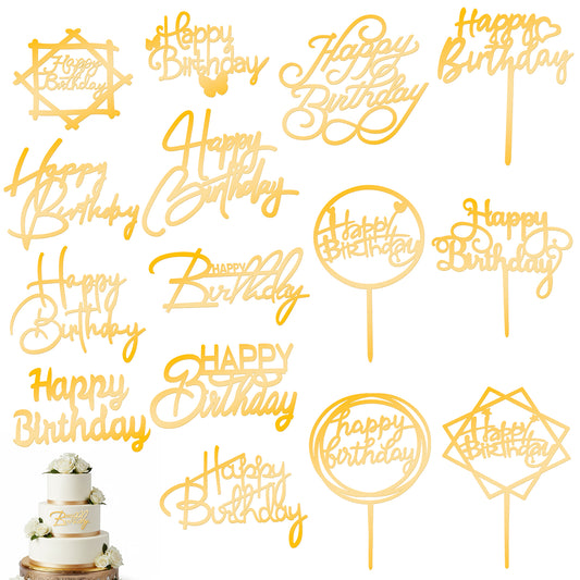 Molain 15 Pcs Birthday Cake Topper, 15 Styles Gold Happy Birthday Sign for Cake Decoration Mirror Acrylic Cakes Toppers Happy Birthdays Cupcake Toppers for DIY Decor Cakes Party Decoration Supplies