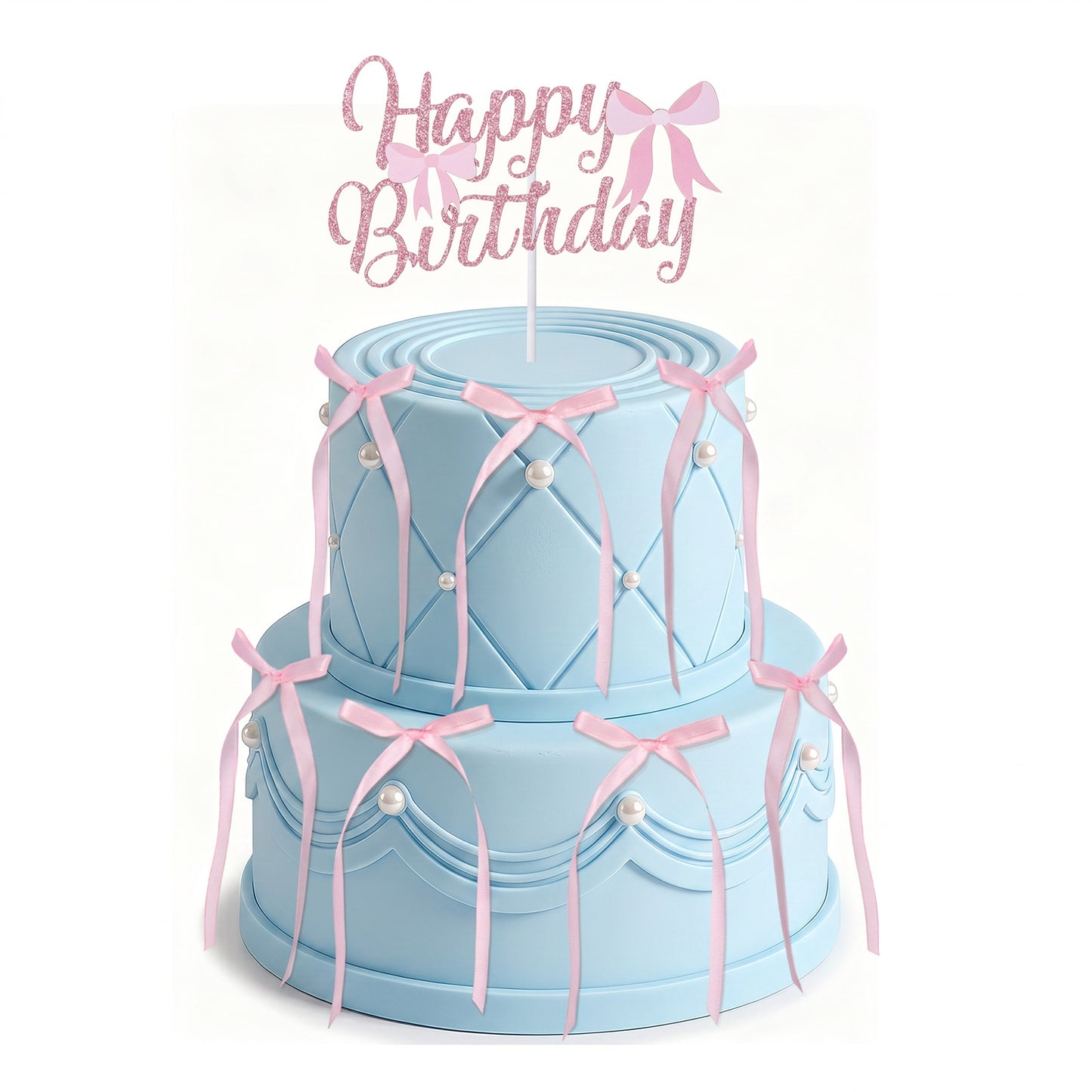 Yuanch Pink Bow Cake Toppers, Happy Birthday Sign with 12 Pcs Bow Cake Decorations Pink Bows Ribbon Birthday Decorations Cupcake Toppers Baby Shower Wedding Party Supplies