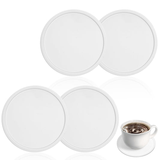 AOZUO 4pcs Silicone Coasters, Non Slip Round Cup Coasters Drink Coasters Desk Coasters Rubber Cushion Mat for Office Table Desk Kitchen Bar Furniture Beverage Coffee Tea Protection(White)
