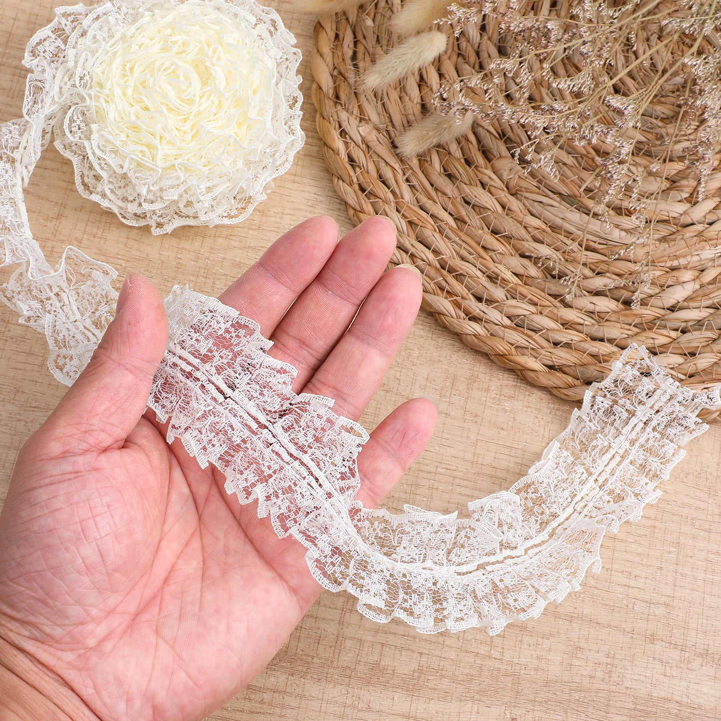 WJIAAA Lace Ruffle Trim,1.8" x 10 Yards Double Layer Edge Lace Ribbon Nylon Ruffle Ribbon for Crafts Sewing DIY(Cream)