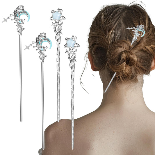 MBAIYO Star Moon Hair Sticks,4pcs Hair Chopsticks for Buns Long Hair Silver Metal Moonstone Chinese Asian Hanfu Decorative Vintage Accessories for Women