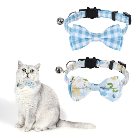 IANFAN 2 Pcs Cat Bow Tie Collar, Breakaway Cat Collars with Bell Adjustable Kitten Bowtie Collar Small Safety Collars for Pet Kitten Puppy（Blue plaid & Pattern）