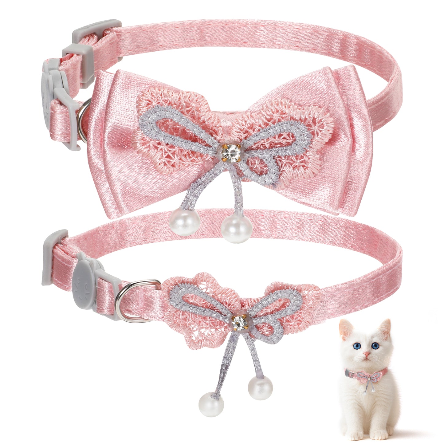 JJUNW 2Pack Adorable Cat Collar with Bow, Cute Kitten Collars for Girl Cats Pink Cat Bows & Accessories Breakaway Safety Cat Bowtie Collar(Style 2)