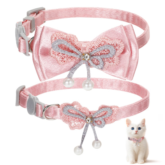 JJUNW 2Pack Adorable Cat Collar with Bow, Cute Kitten Collars for Girl Cats Pink Cat Bows & Accessories Breakaway Safety Cat Bowtie Collar(Style 2)