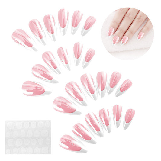 Molain 24Pcs French Tip Press on Nails Medium Almond Fake Nails Press ons Chrome False Nails Long Glossy Full Cover Nails with Glue Cute Acrylic Stick on Nails for Women Nails Manicure Decoration