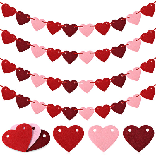 LXUEJIE 4 Pcs Red Felt Heart Garland, Red Heart Banner Hearts Garland Hanging Streamers for Valentines Day Engagement Wedding Anniversary Birthday Bridal Shower Party