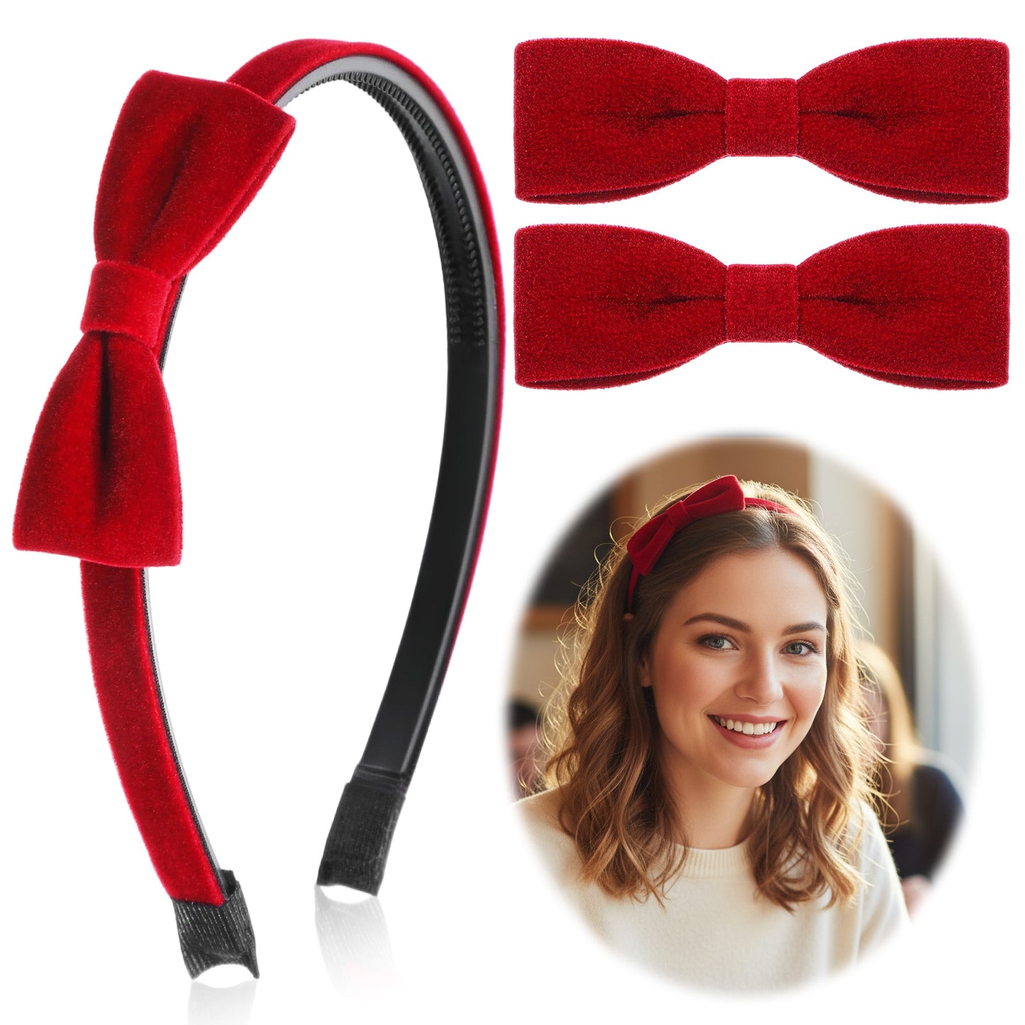 GEEHUA 3PCS Red Bow Headband & Bows Hair Clip, Red Bow Headbands Bows Hair Clips Velvet Headband Burgundy HairAccessories