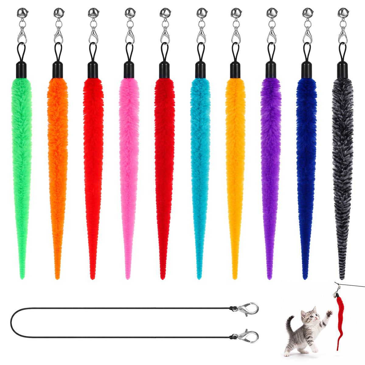 MBAIYO 10 Pcs Cat Worm Toy for Cats, Fuzzy Worm Cat Wand Toy with String