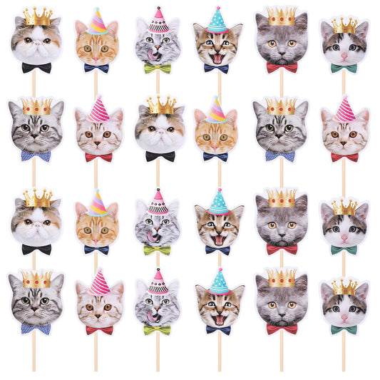 JJUNW 24Pcs Cat Cupcake Toppers, Perfect Single Cat Face Cupcake Toppers for Cat Pet Themed Birthday Baby Shower Party Decorations Decorations