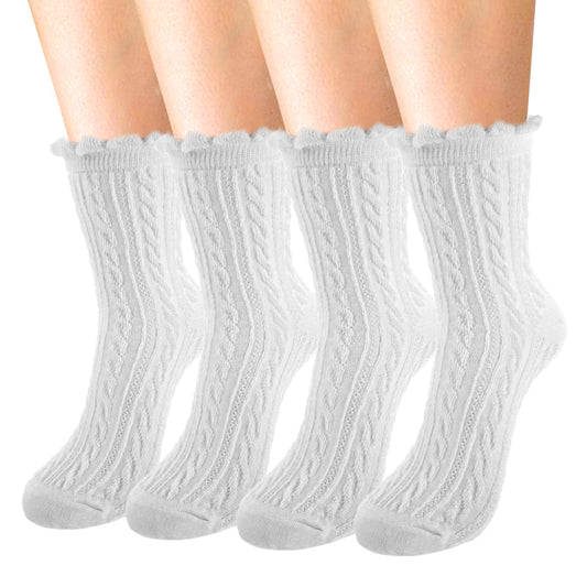 Giantree 4Pcs Women White Crew Socks, White Crew Socks Women, Ruffle Socks Woman, Cable Knit Casual Crew Sock, White Lettuce Edge Boot Socks, Casual Knit Cotton Comfy Breathable Cool Dress Sock(White)