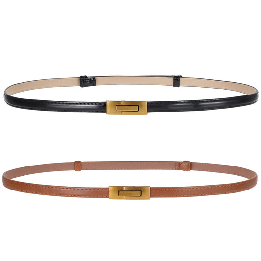 AOZUO Skinny PU Leather Belts for Women, 2pcs Thin Waist Belt for Dresses Jeans Adjustable Waistband with Gold Buckle