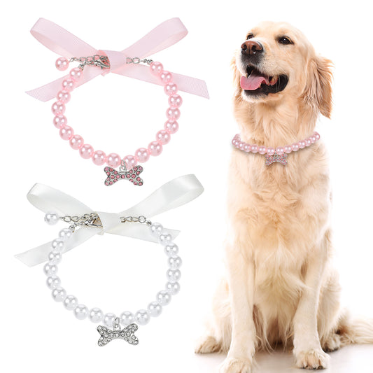 HJZHII 2pcs Cat Pearl Necklace Collar, Small Cat Pearl Collars with Rhinestone Bone Kitten Crystal Collar Jewelry for Small Girls Cat Puppy Party Wedding Birthday Pet Collar Accessories