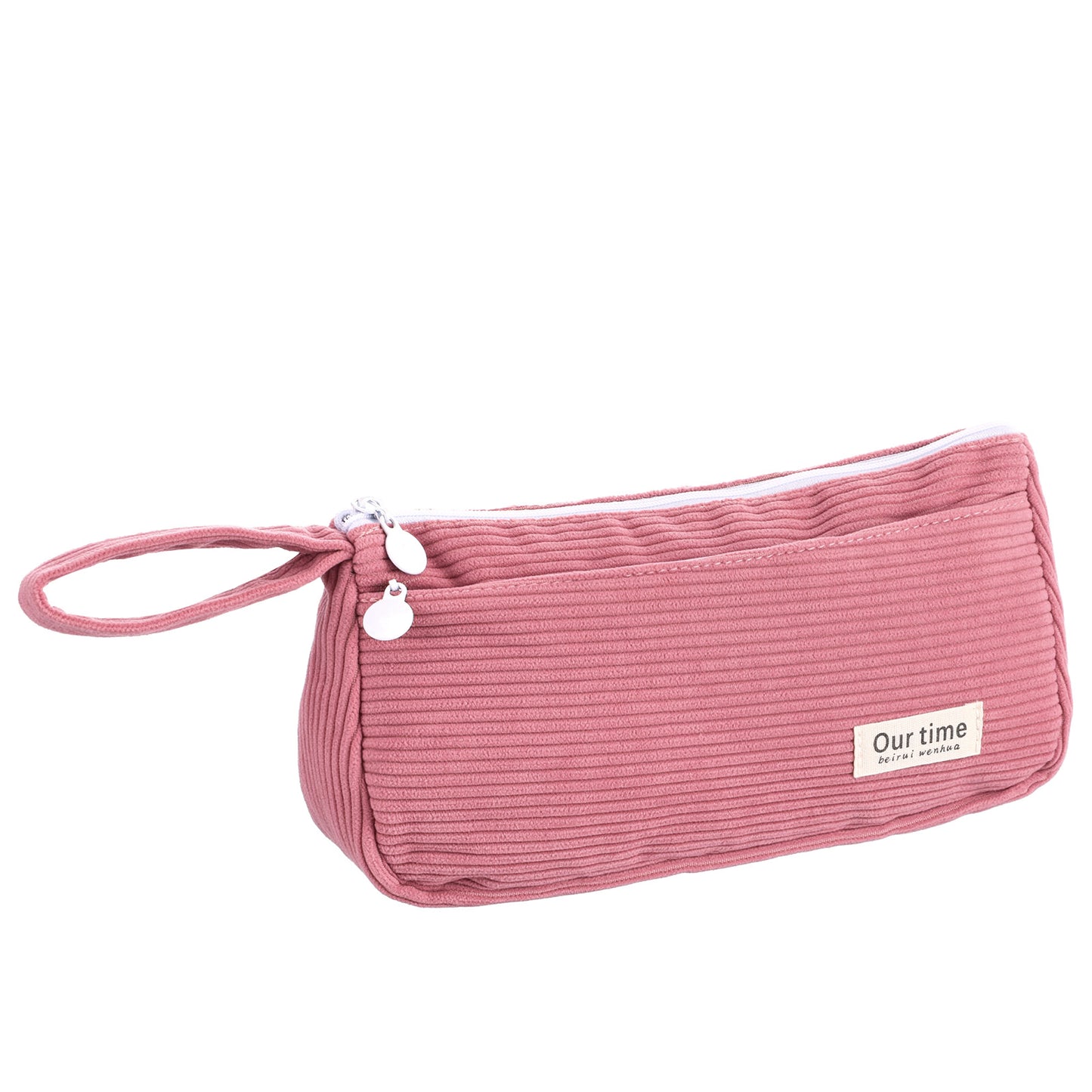 XLIUAX Corduroy Pencil Case, Double Layer Large Capacity Stationery Pen Case Zipper Portable Pencil Pouch with Handle for Women Teenage College Exams, Pink