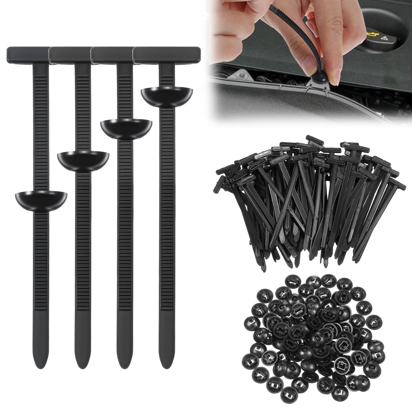 XLIUAX 100Pcs Car Zip Ties, Cable Tie Buckle Zip Tie Plastic Cable Ties for Universal Cars Repairing with Buttons for Daily Auto Fixing Multipurpose Tool Sets UV Resistant Zipties