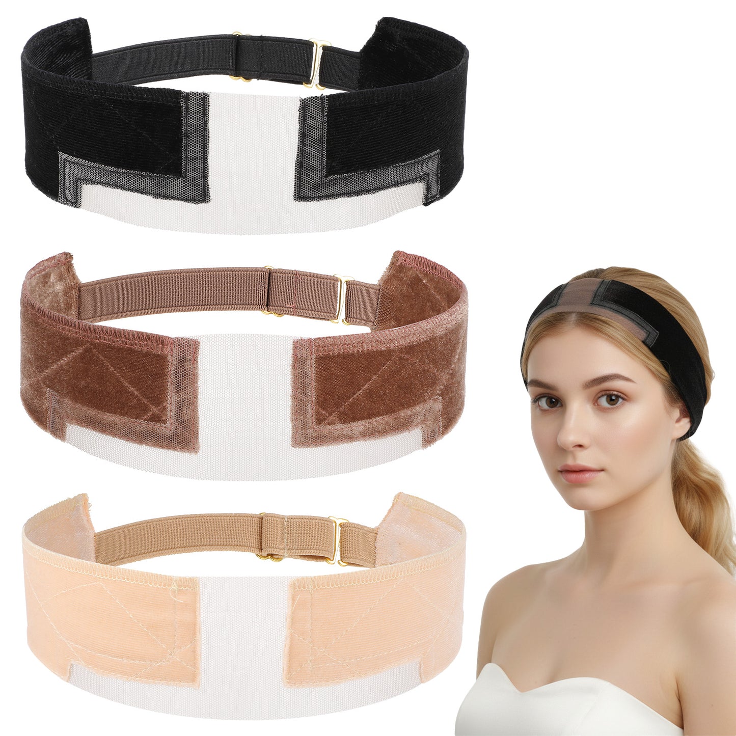 WJIAAA 3 Pcs Wig Grip Headband, Adjustable Band to Hold Wig in Place, Non-Slip Velvet Elastic for Women, Comfortable & Breathable for Any Head Size (Black/Brown/Nude)