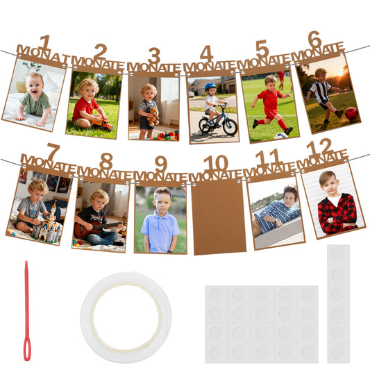 LXUEJIE 13 Pcs 1st Birthday Baby Photo Banner, 1-12 Month Birthdays Party Celebration Bunting Garland, First Birthday Celebration Decorations Commemorate Baby's Growth, 24.5x12.5 cm, Rectangular