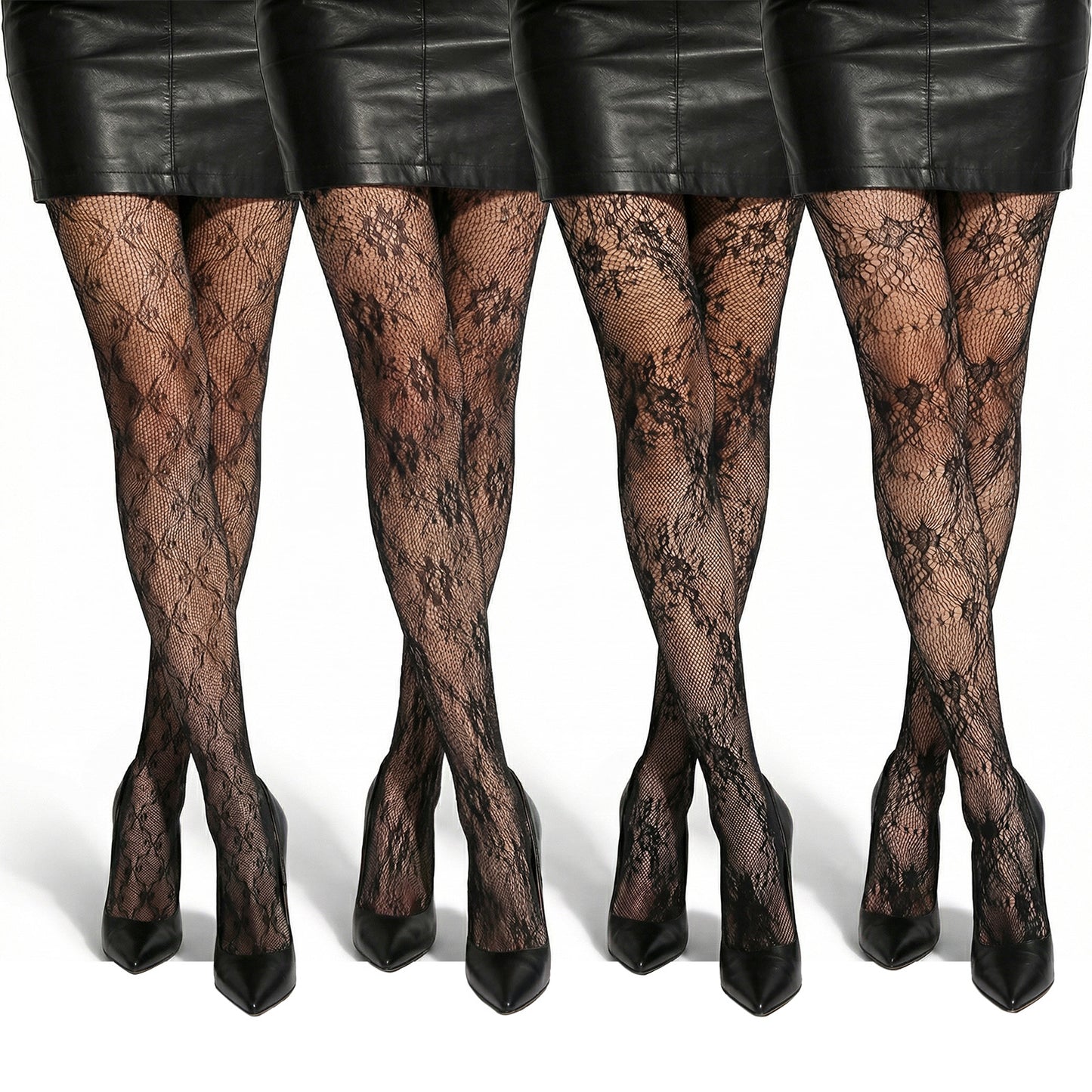 GEEHUA 4Pairs Patterned Fishnet Tights, Black Lace Tights Lace Floral Pantyhose High Waist Fishnet Stockings Black Patterned Tight for Women One Size