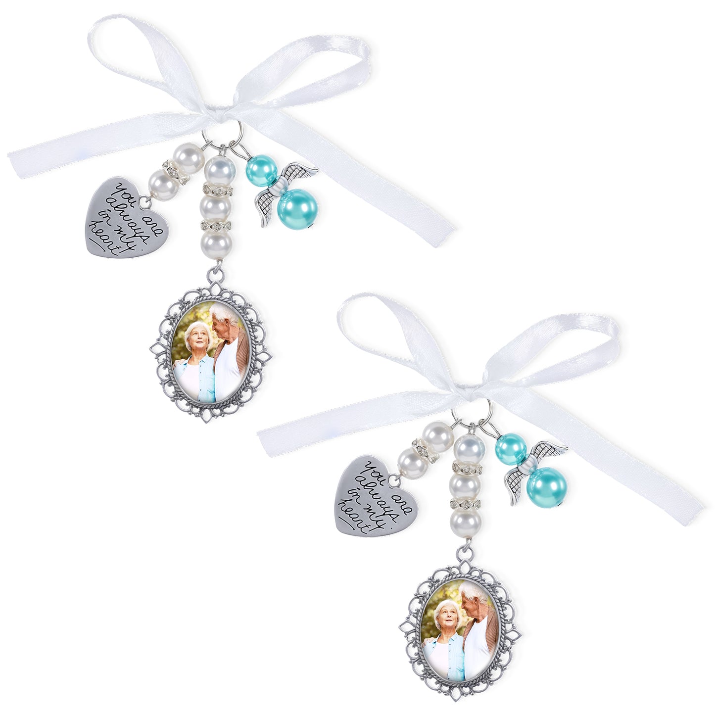 Giantree 2Pcs Bouquet Charms for Wedding Memory, Photo Charms, Wedding Bouquet Photo Charms Silvertone Keepsake Ribbon Bow Pearl Charm, Heart Styled Pendant for Wedding Memory Friend Gift()