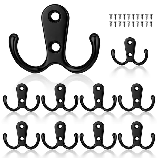Cobee 10 Pcs Double Prong Robe Hooks, Dual Coat Hooks Cloth Hanger Metal Wall Mounted Door Hook Utility Hook for Bathroom Bedroom Kitchen Hanging Clothes Coat Bag Towel Key(Black)