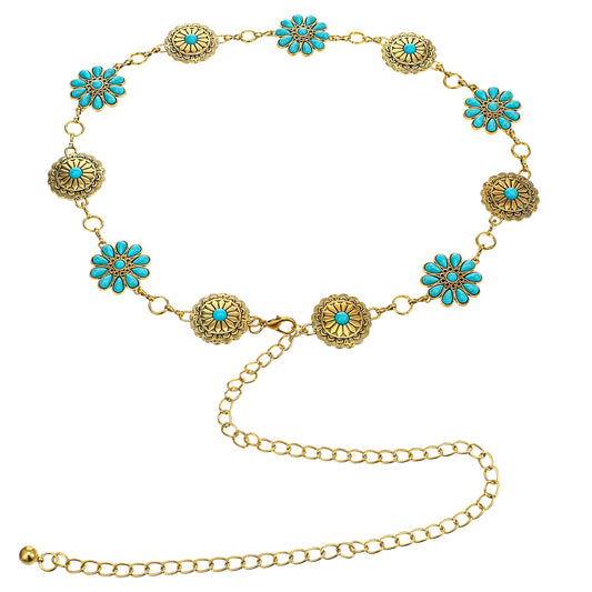 JIEYAO Turquoise Concho Chain Belt, Western Oval Waist Belt Adjustable Metal Cowgirl Belt for Women Country Concert Outfit