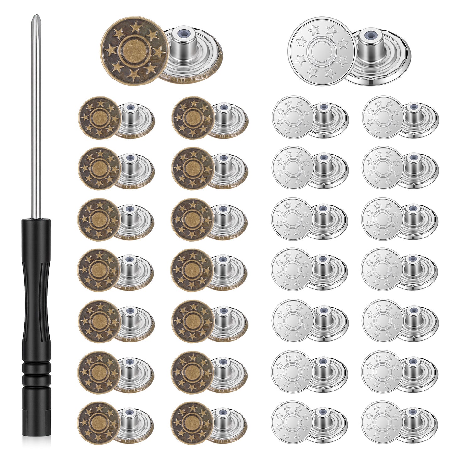 Amaxiu 30 PCS Jeans Buttons Replacement, Instant No Sew Buttons for Pants Removable Metal Pant Button Tightener Adjustable Button Replacement Kit with Threads Rivets and Screwdriver (20mm)