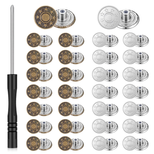 Amaxiu 30 PCS Jeans Buttons Replacement, Instant No Sew Buttons for Pants Removable Metal Pant Button Tightener Adjustable Button Replacement Kit with Threads Rivets and Screwdriver (20mm)