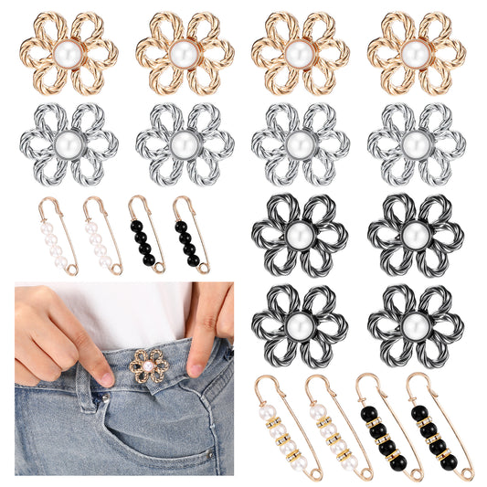MBAIYO 20 Sets Pant Waist Tightener for Women, No Sew Metal Button Tighteners Flower Buttons Pins Waist Cincher Clips Reusable Metal Pearl Brooch Decoration Accessories for Loose Jeans Pants