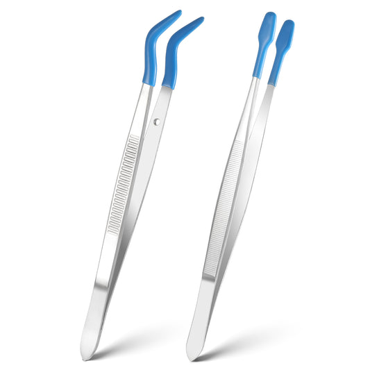 JIYIN 2 Pieces Tweezers with Rubber Tips, Long Tweezers with Rubber Tips Non-Slip Flat Bent Pointed Tip Tweezers Industrial Tweezers Tools for Crafts Stamps Beads Jewelry(2PCS)