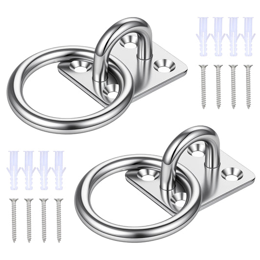 HJZHII 2Pcs M6 Square Pad Eye Plate with Screws, Stainless Steel Ceiling Hooks Tie Rings on Plate Heavy Duty Suspension U Hooks for Wall Ceiling Hanging Animal Tether Tack Stable Ring Hook