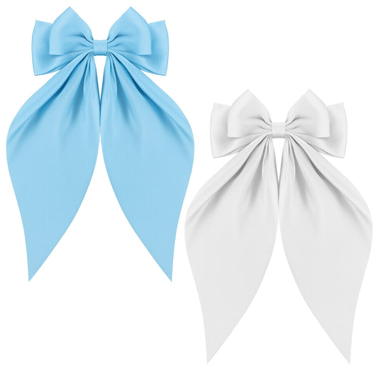 JJUNW 2 Pcs Big Bow Hair Clip, Light Blue Clips Bow Barrettes With Long Silky, White Hair Bows Soft Satin Silky Hairs Bows For Women Fastener Accessories