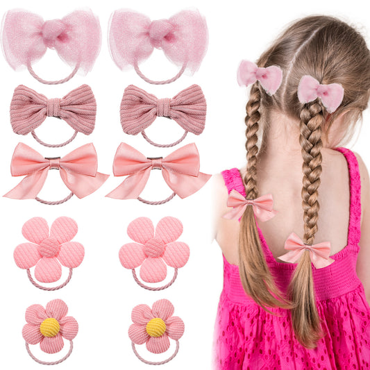 HJZHII 10pcs Pink Bow Hair Ties, Cute Ponytail Bow Hair Bow Bobbles Elastic Bowknot Hairband Flower Hair Tie Butterfly Bow Ponytail Holders for Women Girls Toddlers Infants