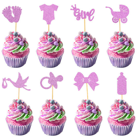 Bewudy 32 Pcs Boy or Girl Cupcake Toppers, Glitter Pacifier Onesie Jumpsuit, Gender Reveal Cupcake Picks, Purple Cake Decorations for Baby Shower Gender Reveal Kids Birthday Party Supplies(Purple)