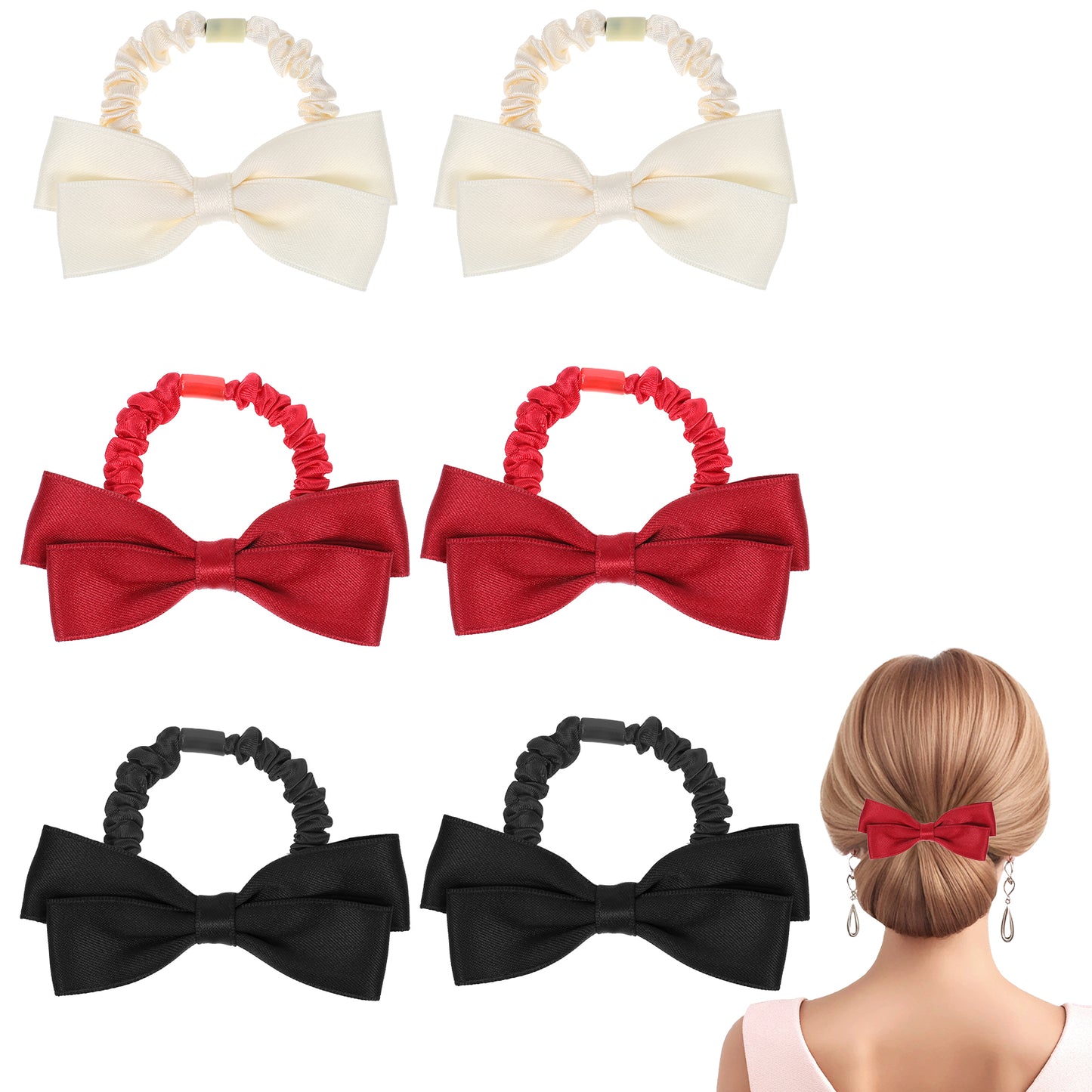 Molain 6 Pcs Hair Scrunchies with Bow Satin Silk Bowknot Hair Bow Women's Ponytail Holder Rubber Bands for Women and Girls Bun Thick Hair Curly Hair Thin Hair(Black, Red, Beige)