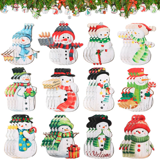 MBAIYO 36 Pcs Christmas Snowman Ornaments Decoration, Wooden Hanging Snowman Decor Wooden Christmas Ornaments for Xmas Tree Farmhouse Home Party Winter Xmas Supplies