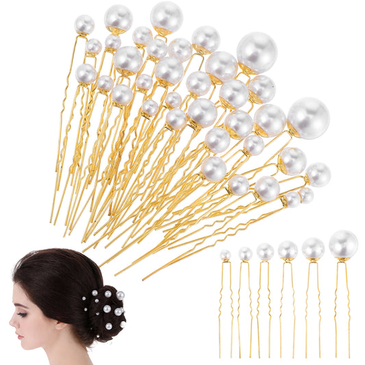 JIEYAO 36 Pcs Wedding Pearl Hair Pins, Pearl Hair Accessories, Bridal Bobby Pins U Shape Pearls Rhinestone Hair Barrette Bridal Hair Clips Decorative for Bride Bridesmaid Women Girls(Gold)