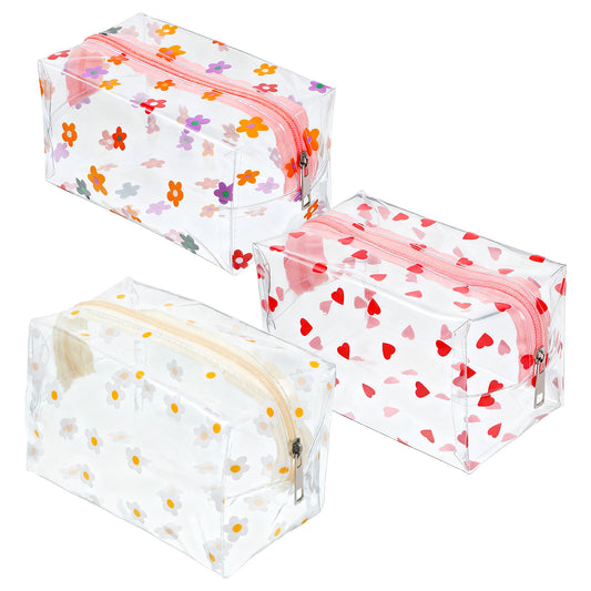 LIQWEI 3Pcs Clear Pencil Case, Clear Makeup Bag, Cute Pencil Case Small Makeup Bag, Cute Heart Daisy Sunflower Pattern Bags for School Organizing, Women Travel Toiletries