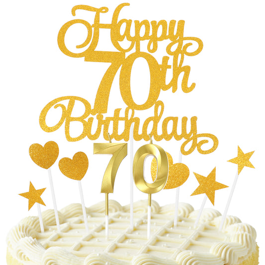 cobee 70th Birthday Cake Decorations, Birthday Cake Decorations Set Gold Glitter Happy 70th Birthdays Cakes Topper with Number Candles and Star Accents for Party Supplies