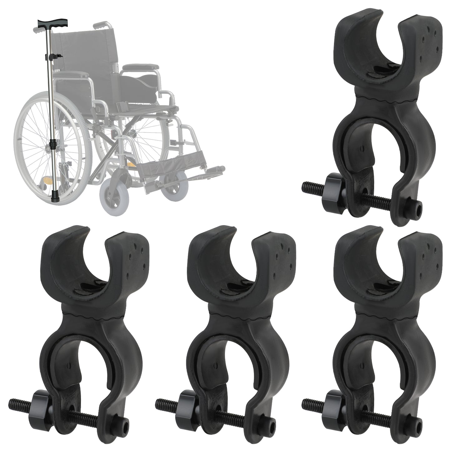 Bewudy 4pcs Cane Holder for Walker, Cane Holder for Drive Rollator, Universal Walking Stick Holder for Wheelchair, Walking Stick Holder Accessories for Wheelchairs Electric Scooters Elderly Walkers