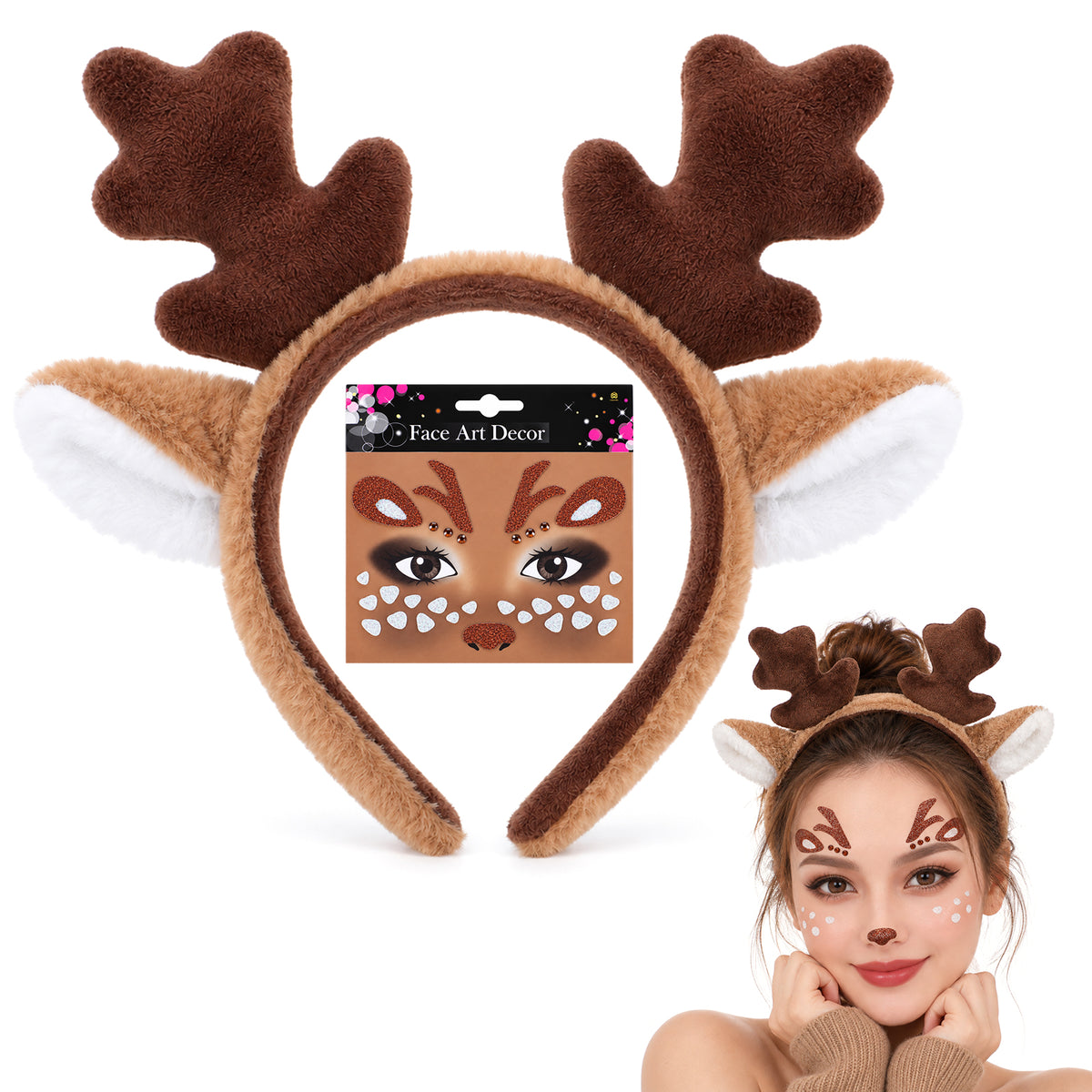 Amabro Reindeer Deer Antlers Ears Headband with Deer Face Sticker